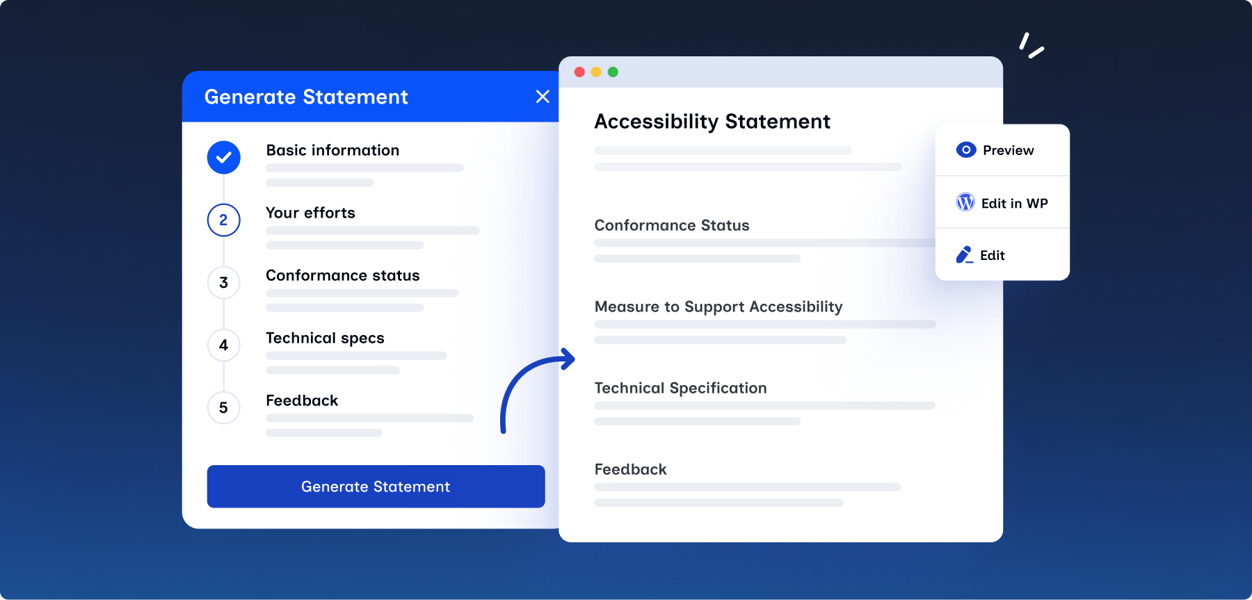 AccessMate accessibility statement generator: a five-step form that creates a ready-to-edit accessibility statement