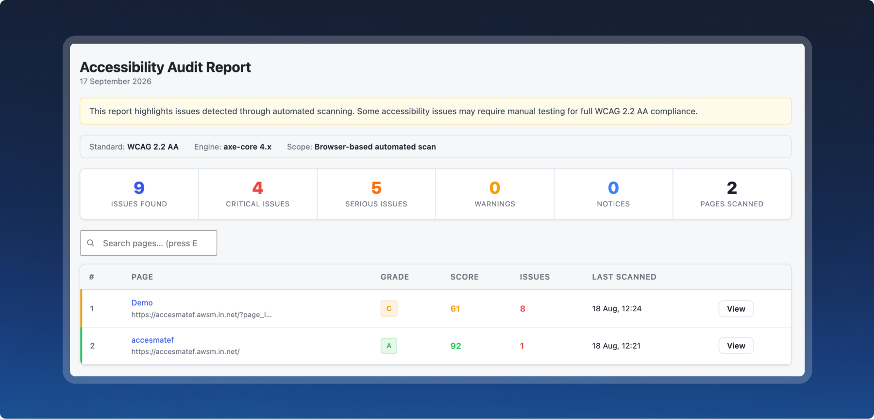 AccessMate accessibility audit report showing a summary of issues and a list of scanned pages