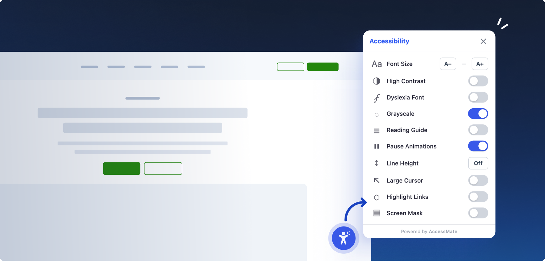 AccessMate visitor accessibility widget open on a website, showing display and reading settings