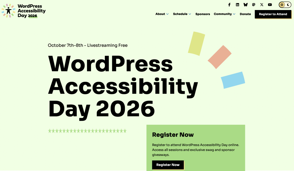 WordPress Accessibility Day 2026 homepage promoting the free livestream event on October 7-8 and online registration.